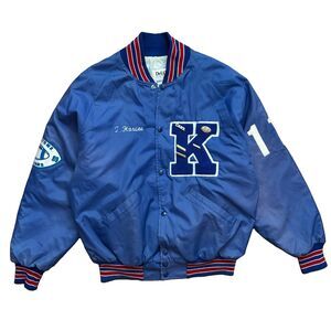 Vintage 80s DeLong Varsity Jacket L Keystone Indians Football 1989 Blue Satin